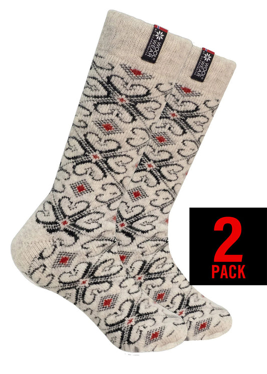 Nordic wool socks with Hearts, nature/navy. 2-pack