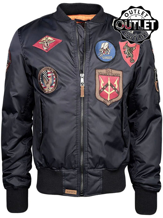 Stylish and current Pilot Bomber Jacket with patches and an elastic waistband