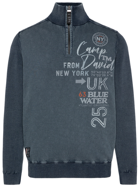 Blue Navy Stone Washed Material Mix Troyer Sweater - Effortless Cool Style