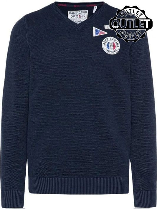 V-neck sweater with knit pattern and patches, dark blue