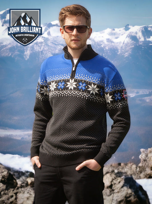 John Brillant Norwegian Mens Pullover Merino, blue & black