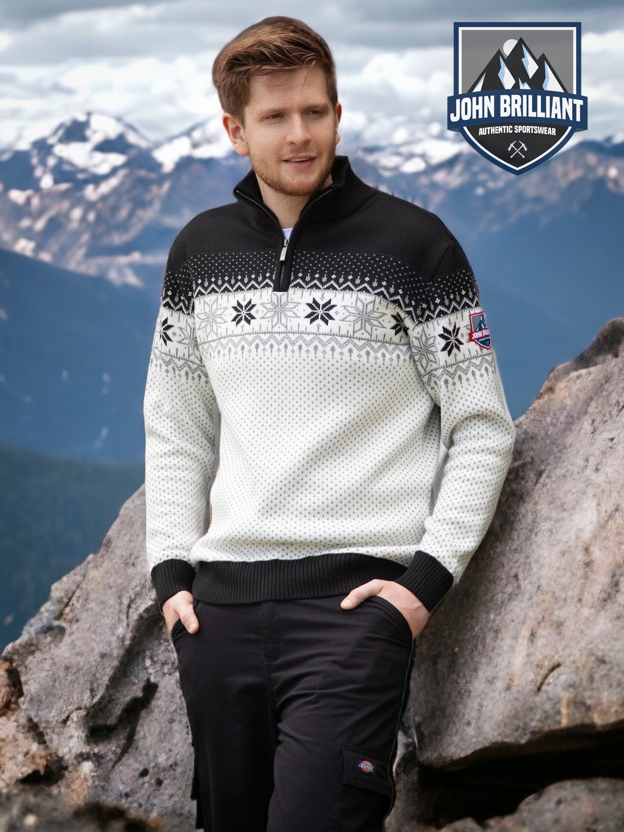 John Brillant Norwegian Mens Pullover Merino, black & white