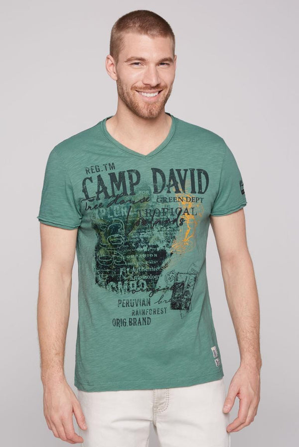 David Stateshop Fashion Green T-Shirt - Prints and V-Neck Embroidery with Camp in Deep