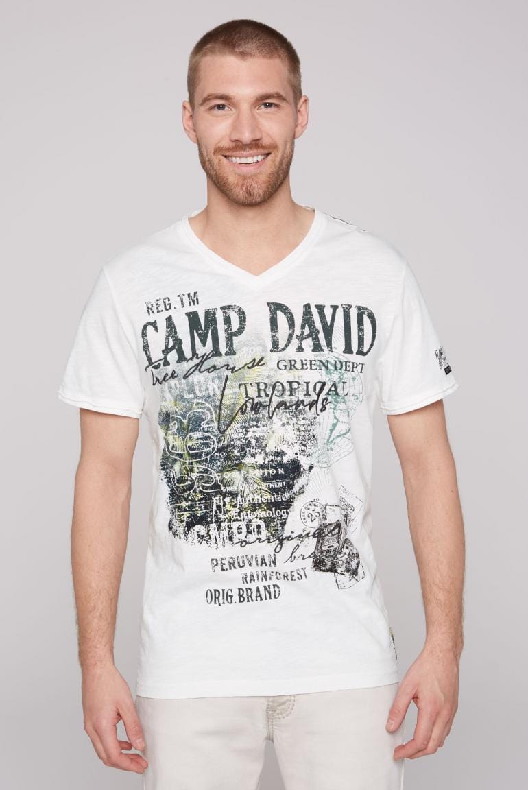 Camp David Camp David V-Neck T-Shirt with Prints and Embroidery in Ivory