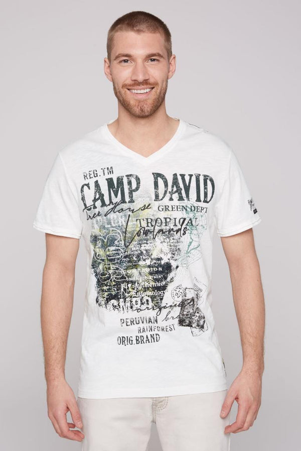 - Ivory in Camp with Embroidery Stateshop Prints David T-Shirt V-Neck Fashion and