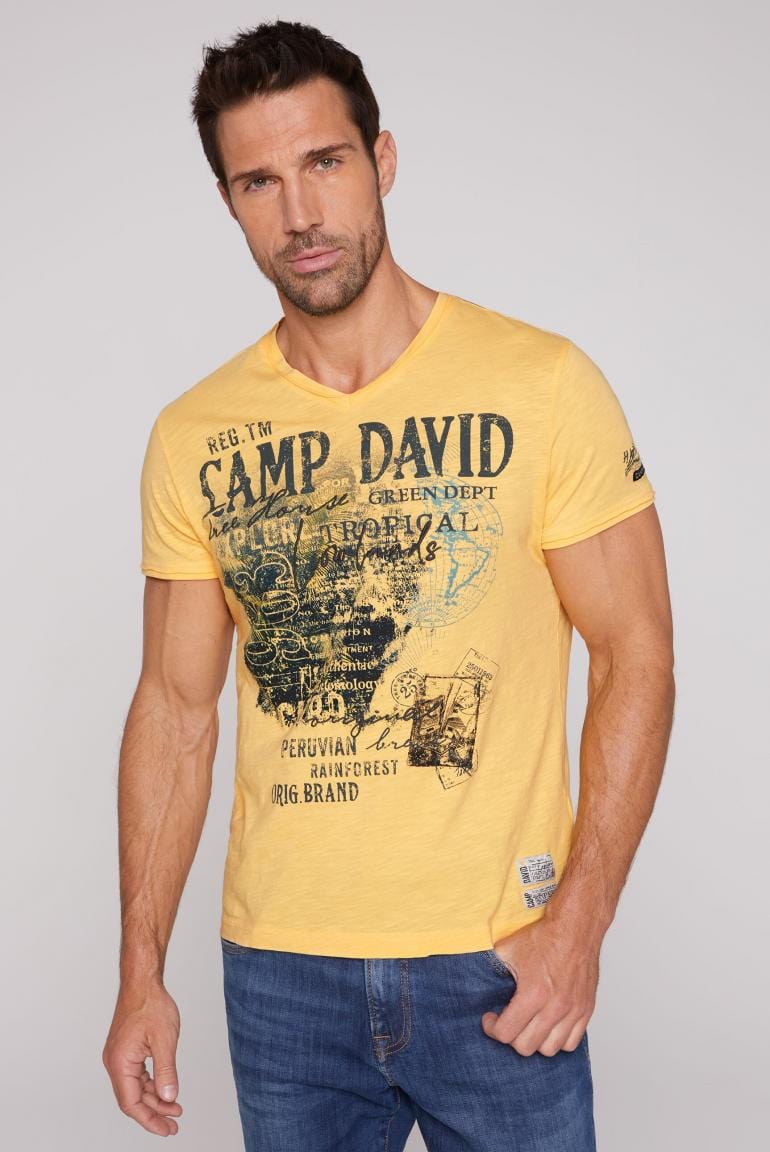 Camp David V-Neck T-Shirt with Embroidery Fashion Mountain Prints - in Yello Stateshop and
