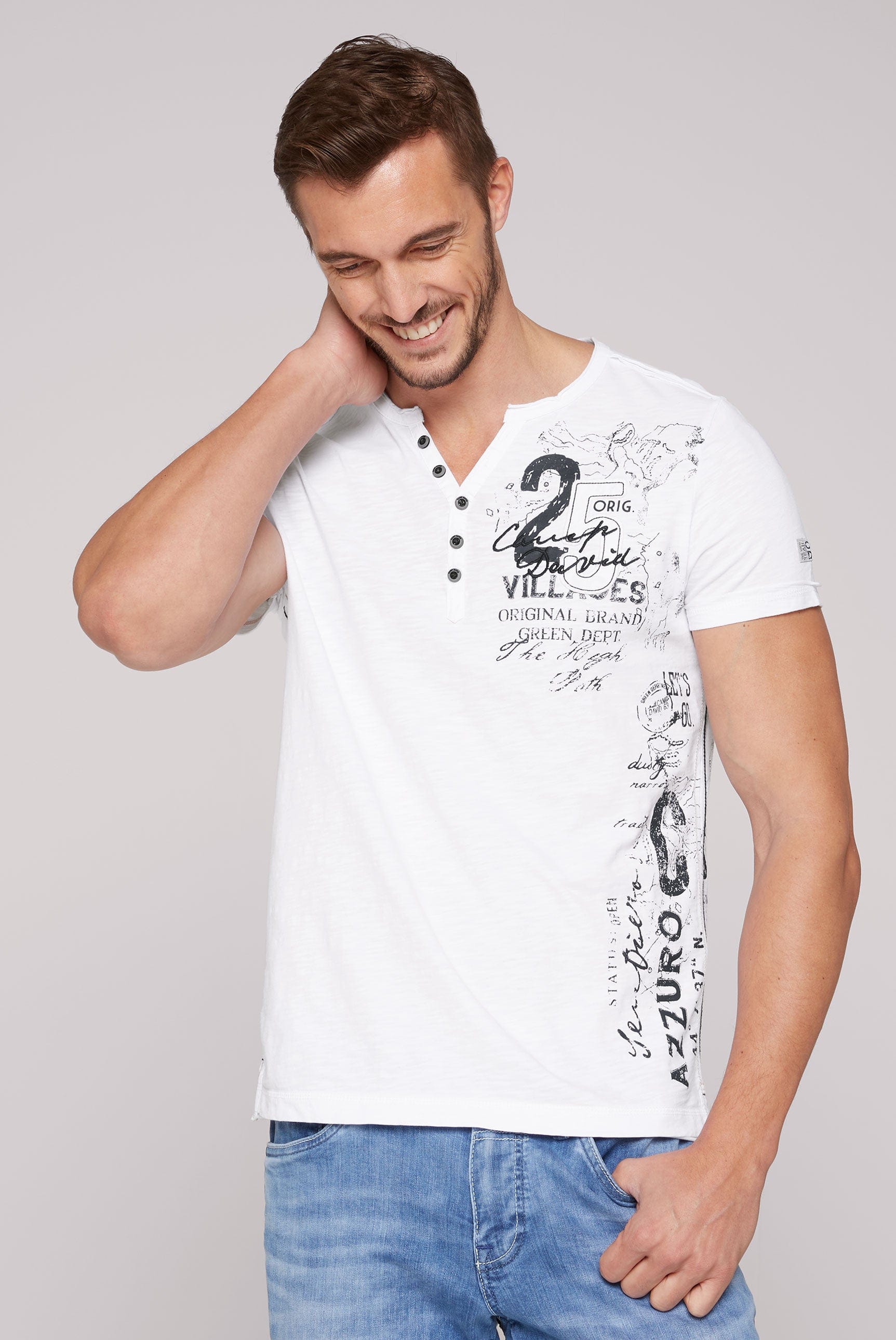 Camp David T-Shirt, Chique Fashion button v-neck optic white Stateshop - Terre