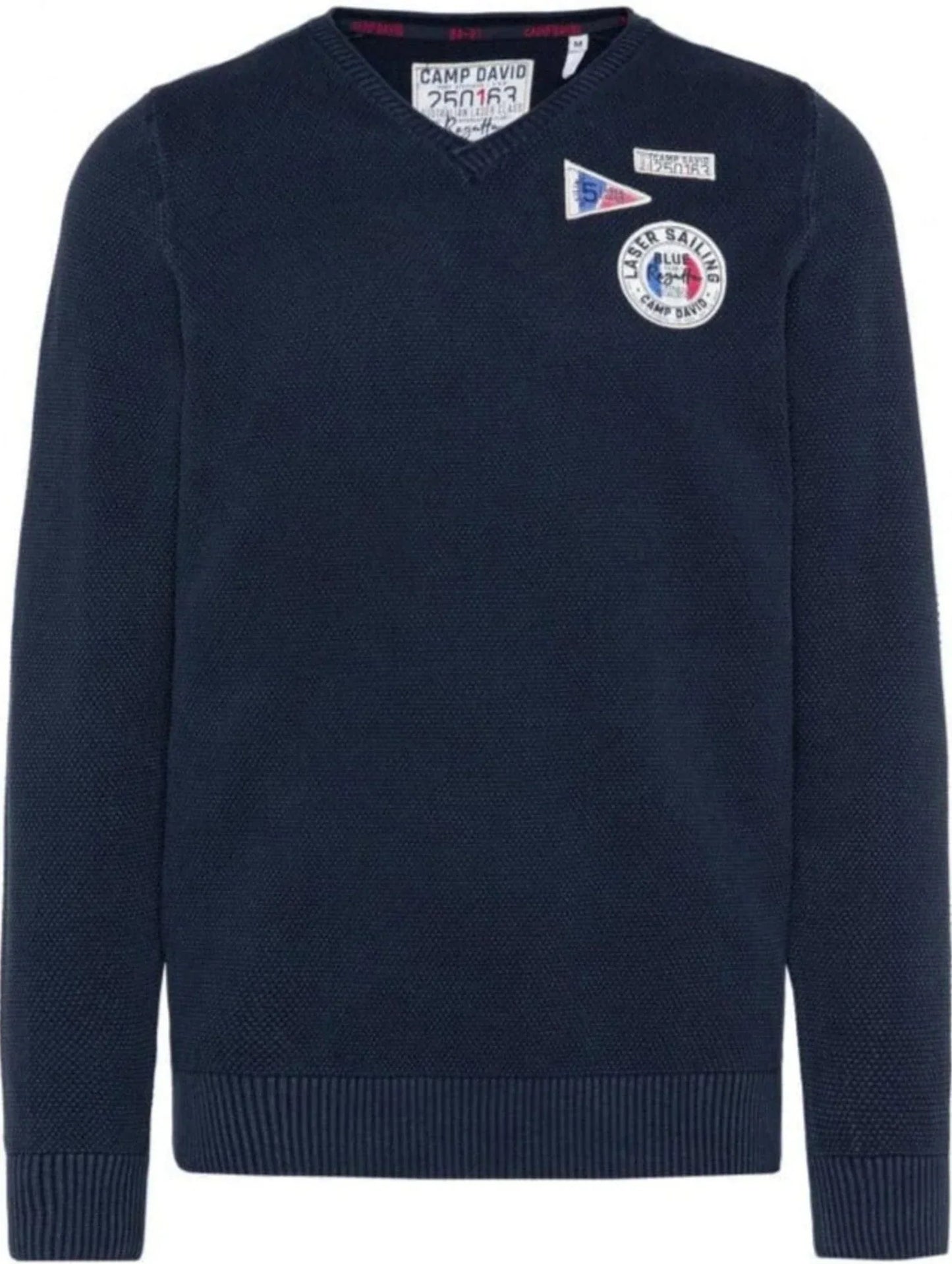 Camp David V-neck sweater with knit pattern and patches, dark blue