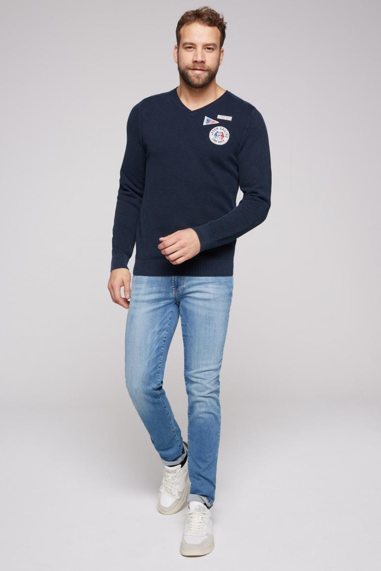 Camp David V-neck sweater with knit pattern and patches, dark blue