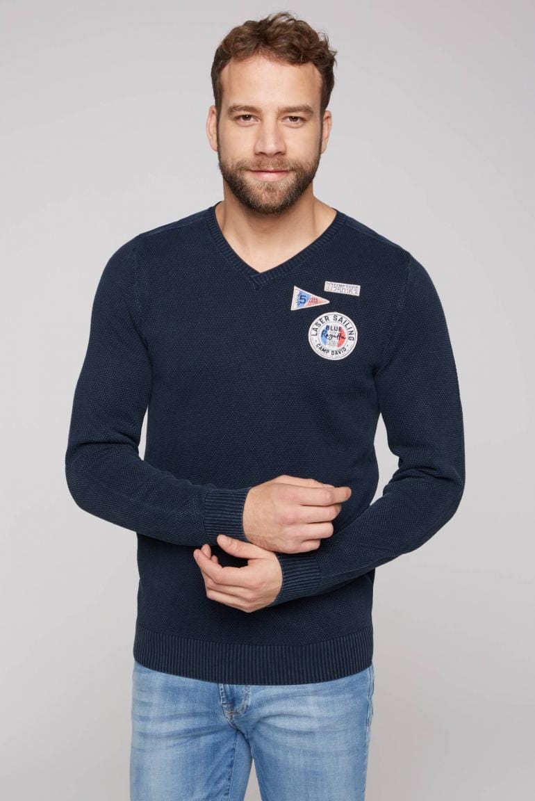 Camp David V-neck sweater with knit pattern and patches, dark blue