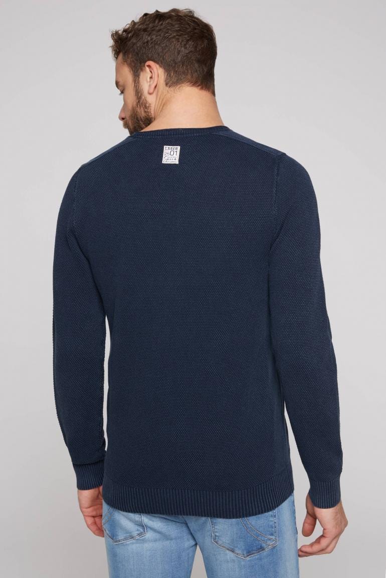 Camp David V-neck sweater with knit pattern and patches, dark blue