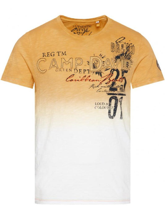 CAMP DAVID T-SHIRT MET KLEUROVERGANG EN LOGO APPLICATIES, GEEL