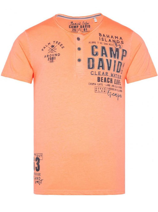 Camp David T-Shirt Henley, button round neck, "Beach Life", Sunset Neon