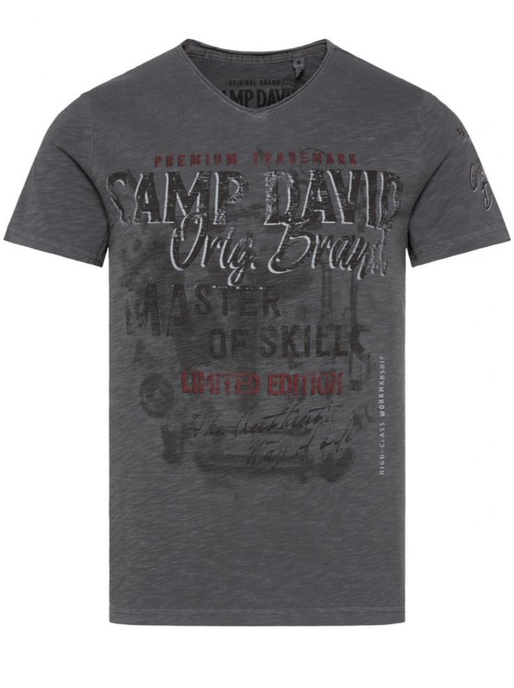 Graues V-Neck T-Shirt: Master of Skills Fotodruck im Used Look