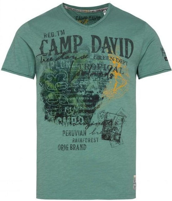 Fashion T-Shirt Stateshop with Camp V-Neck in Embroidery and Deep David - Prints Green