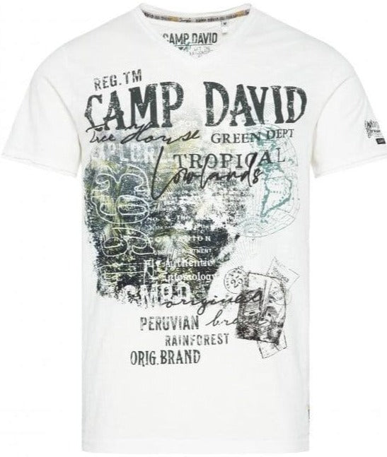 Camp David Camp David V-Neck T-Shirt with Prints and Embroidery in Ivory