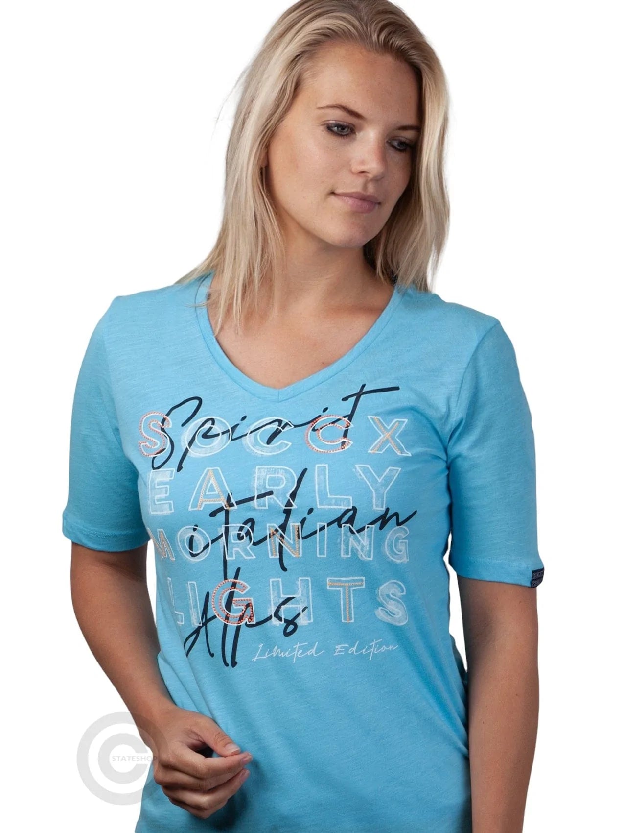 V-Ausschnitt, Logografik Stateshop und mit Blau T-Shirt Soccx ® Fashion -